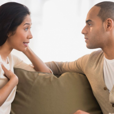 young couple talking on a couch. Woman speaking in "I" voice.